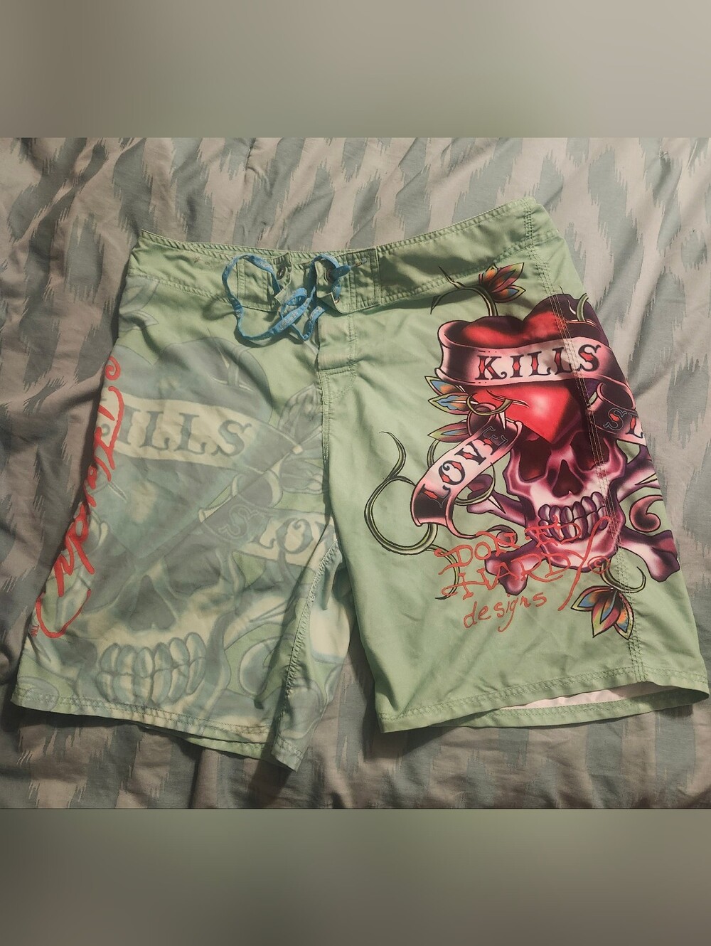 Y2K Ed Hardy Swimsuit Trunks Tattoo Art Skull Heart Love Kills NO LINER Men's 40